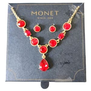 Monet Red and Gold Tone Necklace Earring Set or Craft Charm Accents